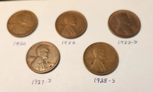 Lot Of 5 1920s Lincoln Wheat Cent Penny Very Fine