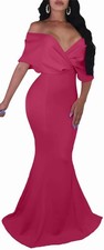 GOBLES Women Sexy V Neck Off The Shoulder Evening Gown Fishtail Maxi Dress Rose