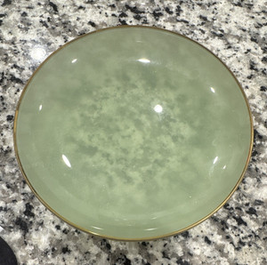 Unmarked Round Gree Glass Plate with Gold Rim