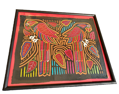 Vintage Guna Kuna Mola Double Parrot Hand Stitched Panama Textile Framed 21x18