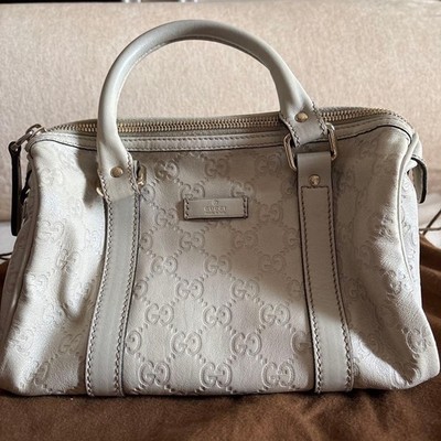 GUCCI Mini Boston Bag Leather Off-White GG Supreme Logo Authentic Excellent