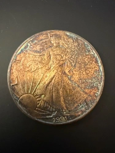 1991 WALKING LIBERTY AMERICAN EAGLE .999 FINE SILVER DOLLAR  TONING!! FreeShip