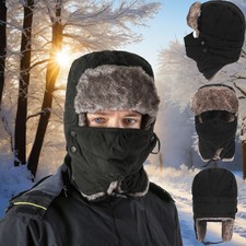 Black Warm Winter Hat Ushanka Russian Hunting Hat with Earflaps Windproof Mask