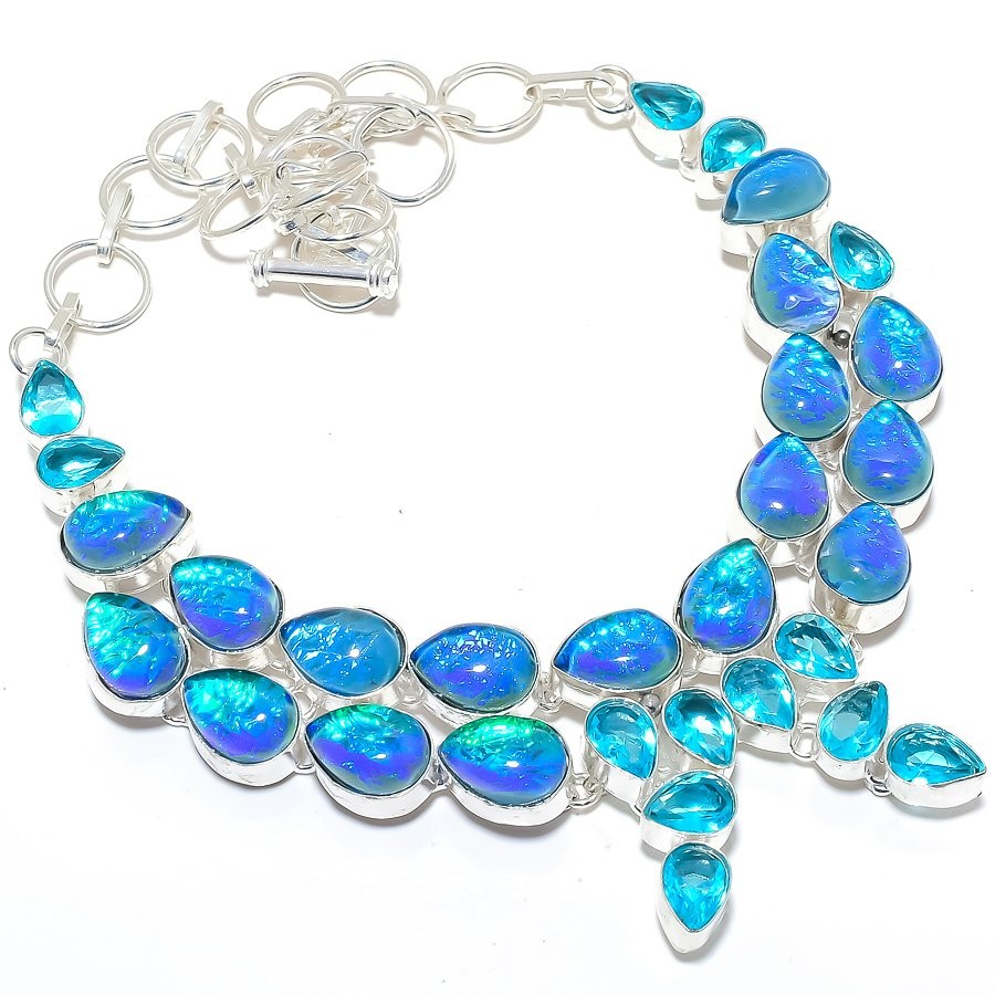 Triplet Fire Opal, Blue Topaz Gemstone 925 Sterling Silver Jewelry Necklace 18