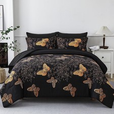 7 Piece Bed in a Bag Full Size Comforter Set Black Bedding Set,Gold Butterfly