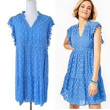 Lilly Pulitzer Arleah Dress Blue Thistle Daiquiri Ditsy Rayon Clip Sz 10 PomPom