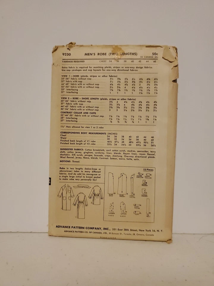 Vintage Sewing Pattern Advance 9230 Mens Robe In 2 Lengths, Chest 38 - Image 2 of 3