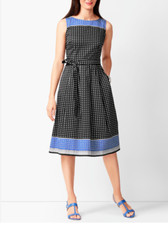 Talbots Dress 8P 8 P Black White Blue Geo Belt Pockets Career Washable NEW