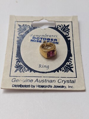 Vtg Gold Tone October Rose Birthstone Ring Remembrance Charm Austrian Crystal