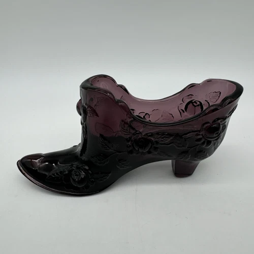 Fenton Glass Purple Amethyst Shoe Slipper Cabbage Rose Pattern 6"