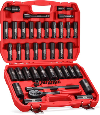 1/2'' Drive Impact Socket Set,48-Piece 6 Point Deep Socket Set Standard SAE and M