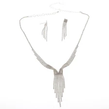 Silver Tone Metal Rhinestone Necklace Earring Set S20166-SCRY