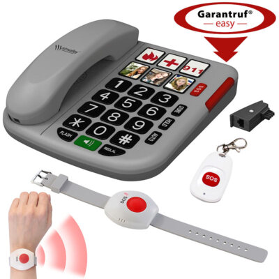 simvalley Senioren-Notruf-Telefon, Funk-SOS-Taster, SOS-Armband, TAE-Adapter