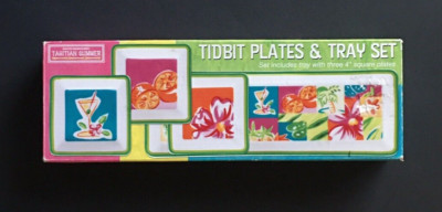 Tahitian Plates & Tray Set Summer Tidbit Three 4'' Square Plates Martini Floral