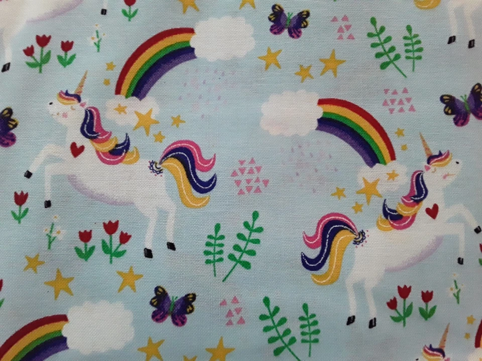 Robert Kaufman Over the Rainbow Aqua Kona Cotton Fabric Unicorns Flowers 44x4.7Y - Image 2 of 4