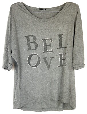NKD T-Shirt Damen Oberteil Shirt Sommer Basic Perlen Aufdruck Gr. 40 Grau