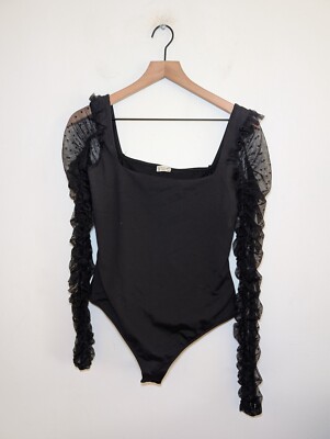 Free People Must Be Love Bodysuit Dotted Lace Ruched Scrunch Sleeves Top M