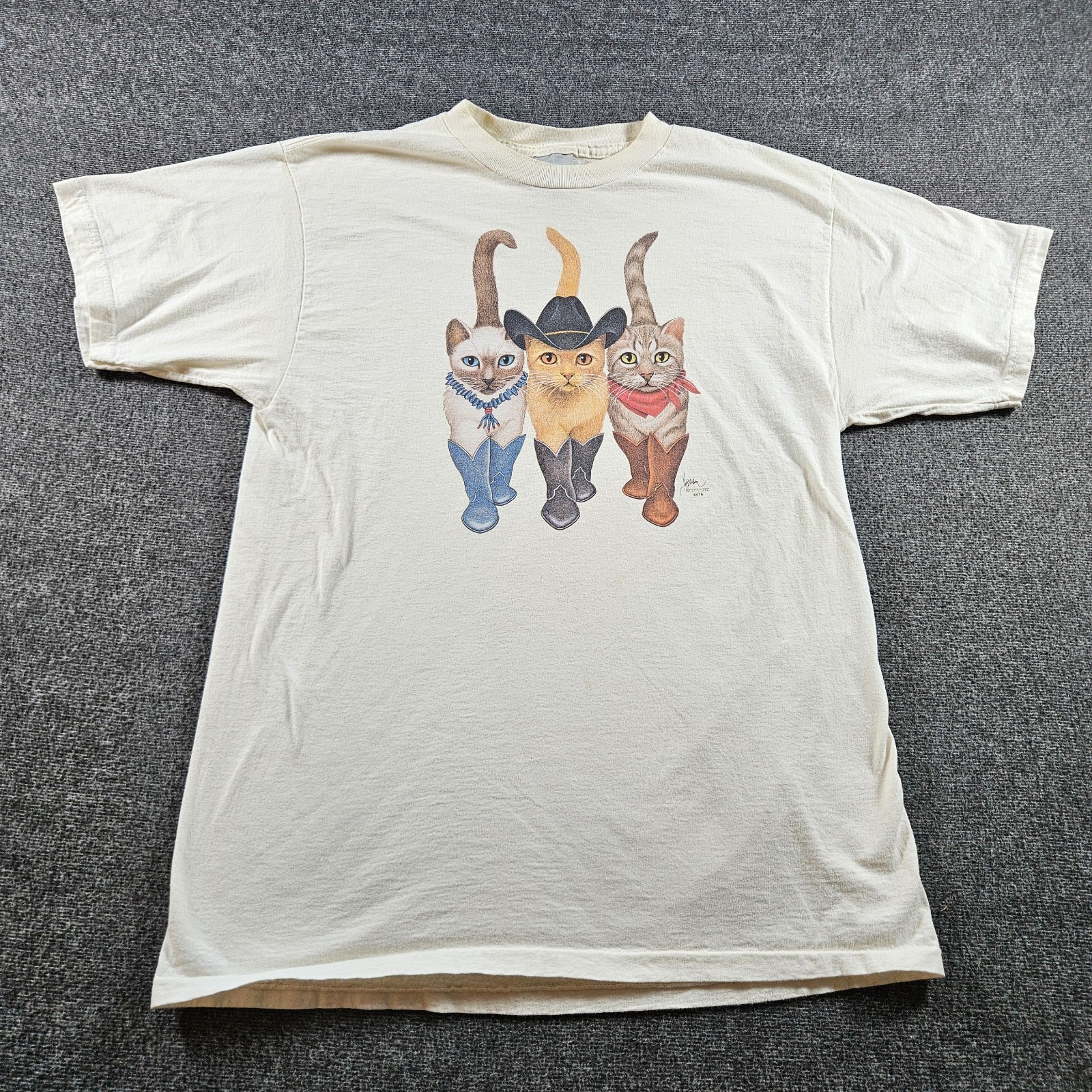 Vintage Cat Cowboys White Funny Graphic T-shirt 90s Nature Cat Tee Size Large