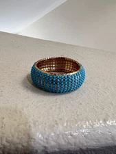 Boho Wide Bracelet Gold Tone Stretch with Teal Blue Bohemian Style