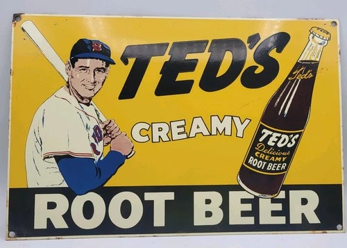 Vintage Ted's Creamy Root Beer Porcelain Enameled Metal Sign