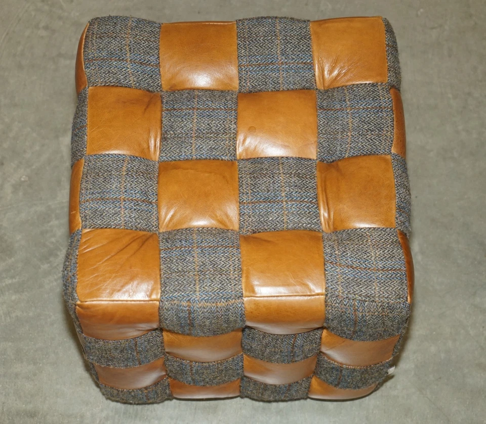 PAIR OF HARRIS TWEED BROWN LEATHER FOOTSTOOLS OR SIDE TABLES PART OF LARGE SUITE - Image 4 of 4