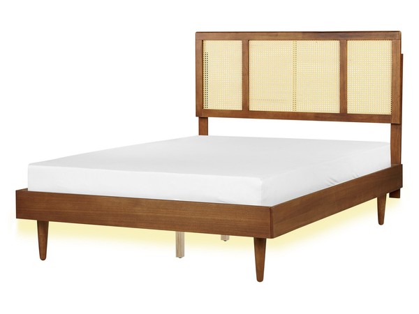 LED Doppelbett Massivholz Hellbraun Lattenrost 140X200 Cm Hohes Kopfteil Auray-image