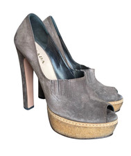 PRADA Taupe Gray Suede Platform Peep Toe Pumps, Size 38