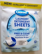 Carbona Laundry Detergent Sheets - Free & Clear, 25 Sheets, College, No Jugs