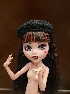 OOAK Custom Beret Hat_Monster High doll G1 & G3_Black Handmade Crotchet Clothes