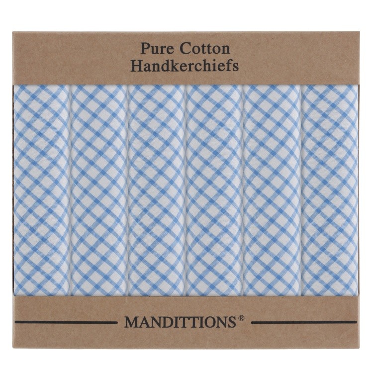 White and Blue Handkerchiefs Box of 6 Cotton Snall Checked Mens Hankies