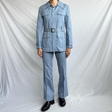 Mens vintage 1970s Hepworths light blue flared belted safari suit