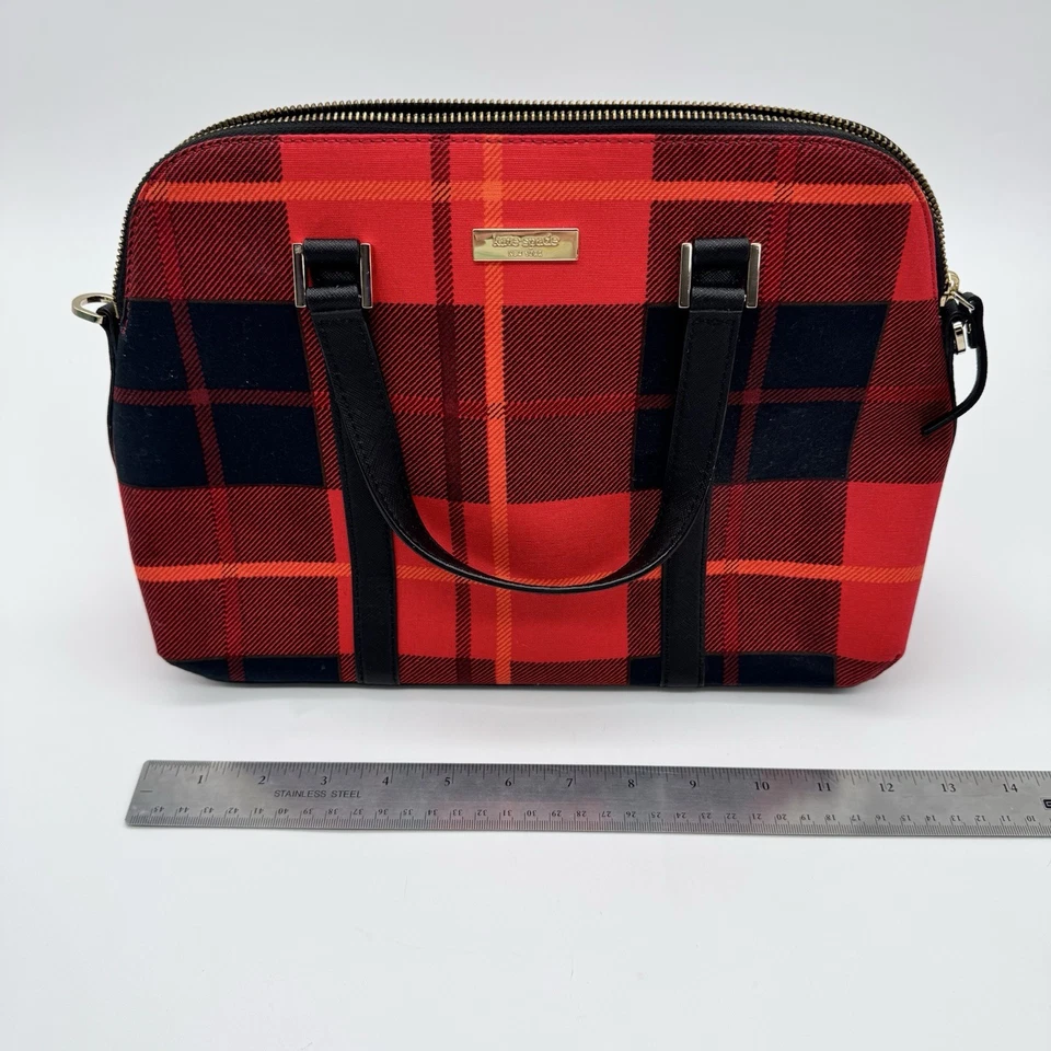 Bolso de Mano Kate Spade NY Rojo a Cuadros para Laptop - Borde de Cuero Negro Foto 4 de 4