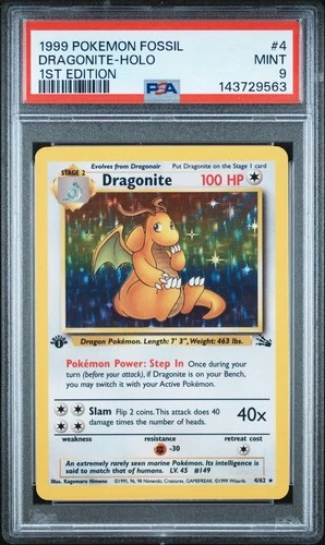 1999 Pokemon Dragonite 4/62 1st Edition Fossil Holo PSA 9 Higher Certificate No.