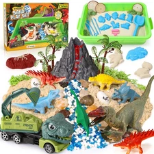 TUZT Dinosaur Sensory Bin Play Sand Kit | 2lbs Magic Sand & 10 Dino Molds