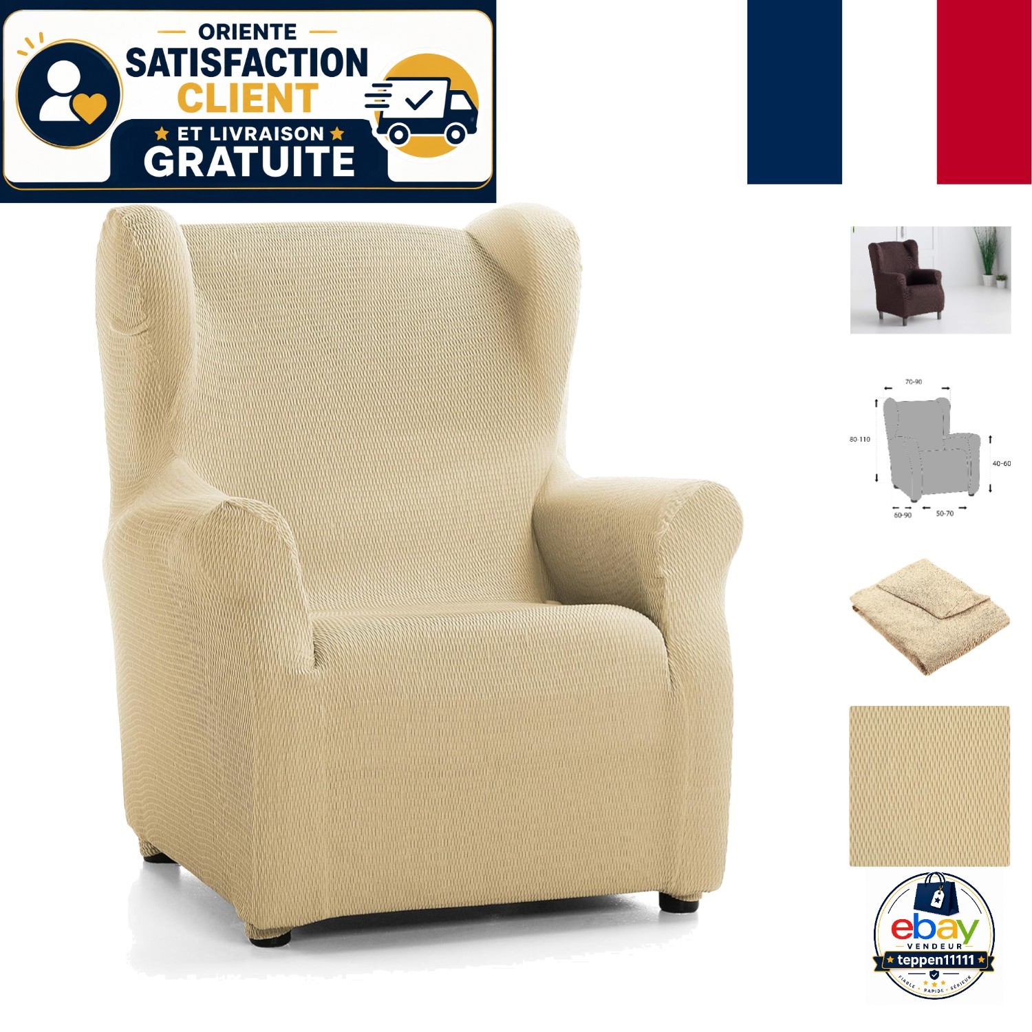 Housse élastique beige pour fauteuil à oreilles : stop aux taches et griffures de chat
