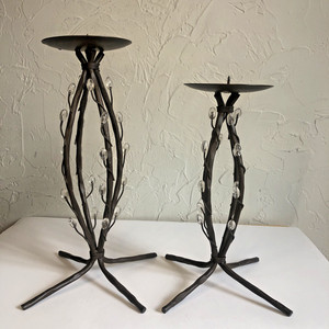 Pair of Twig Metal with BEADS Clear PILLAR Candle Holders FOOTED Stand