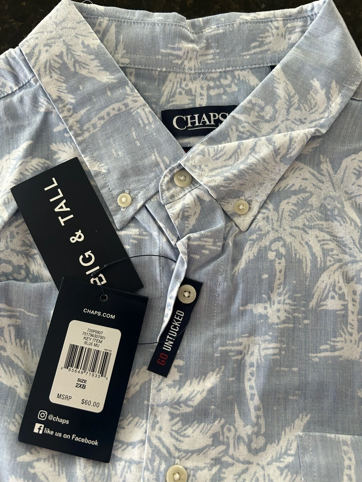 Mens Chaps Blue Hawaiian Shirt Big and Tall Size 2XB/2TG New with tags
