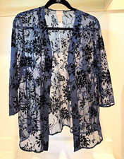 Chico s Size 1 Flocked Floral Open Front Jacket Indigo Blue Black NWT 3/4