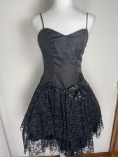 Vintage Unbranded 80 s Black Satin Lace Sequin Dark Romantic HOCO Prom Dress 7P