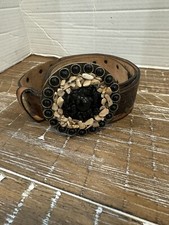 Vtg Hand Tooled Boho With Stone Beaded Belt Buckle