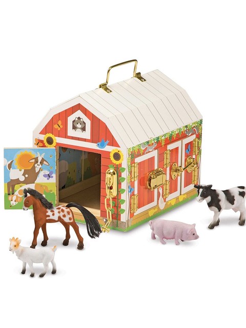 melissa & doug fold and go wooden barn with 7 animal play figures