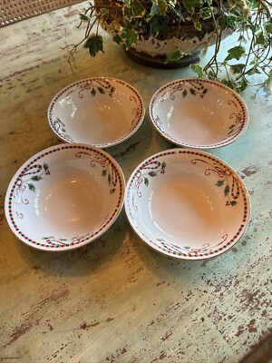 Home Essentials Tartan Ribbon Holiday Christmas Holly Berry Bowls Set 4
