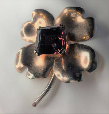 STERLING SILVER Dogwood/Primrose Brooch w/Lg Violet Amethyst Square Cut '40s