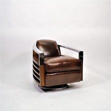 Club Fauteuil " Michél " Salon Aviateur Design 20er Art Déco Cuir Cigare Haut