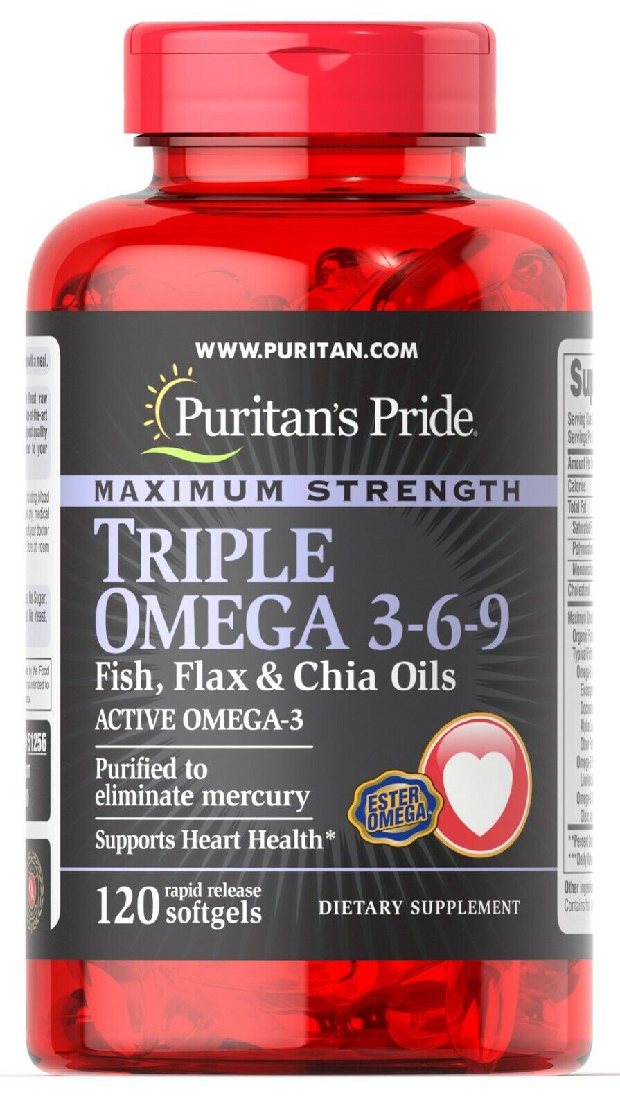 Puritan's Pride Maximum Strength Triple Omega 3-6-9 Fish Flax & Chia Oils 120 sg