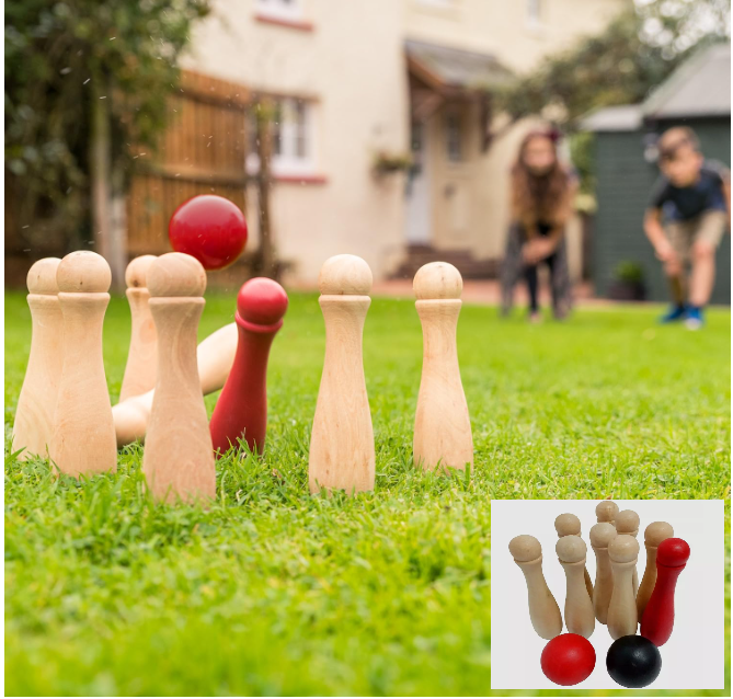 Kids Wooden Garden Skittles Set Indoor/Outdoor Bowling Game Toy