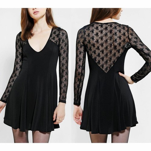 Black Skater Dress Sheer Lace Sleeves 