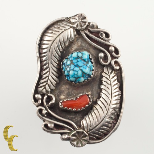 Bague Sculpture Navajo En Argent Sterling, Turquoise Et Corail - Vintage WOLF-ROBE (1905-1977) - Unisexe