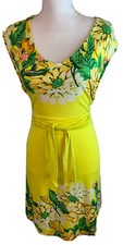 Isaac Mizrahi Live Dress Yellow Spring Summer Floral Fit Flare Waist Tie Size M