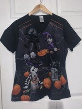 Disney Halloween Mickey Mouse Skeleton Pumpkins Medical Scrub Top Pockets LARGE